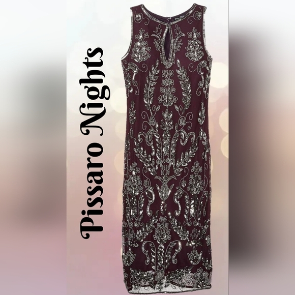 Pisarro Night Womens T Length Silver Beaded Gown Sz 8 Wine Color Chiffon Lined - Picture 1 of 15